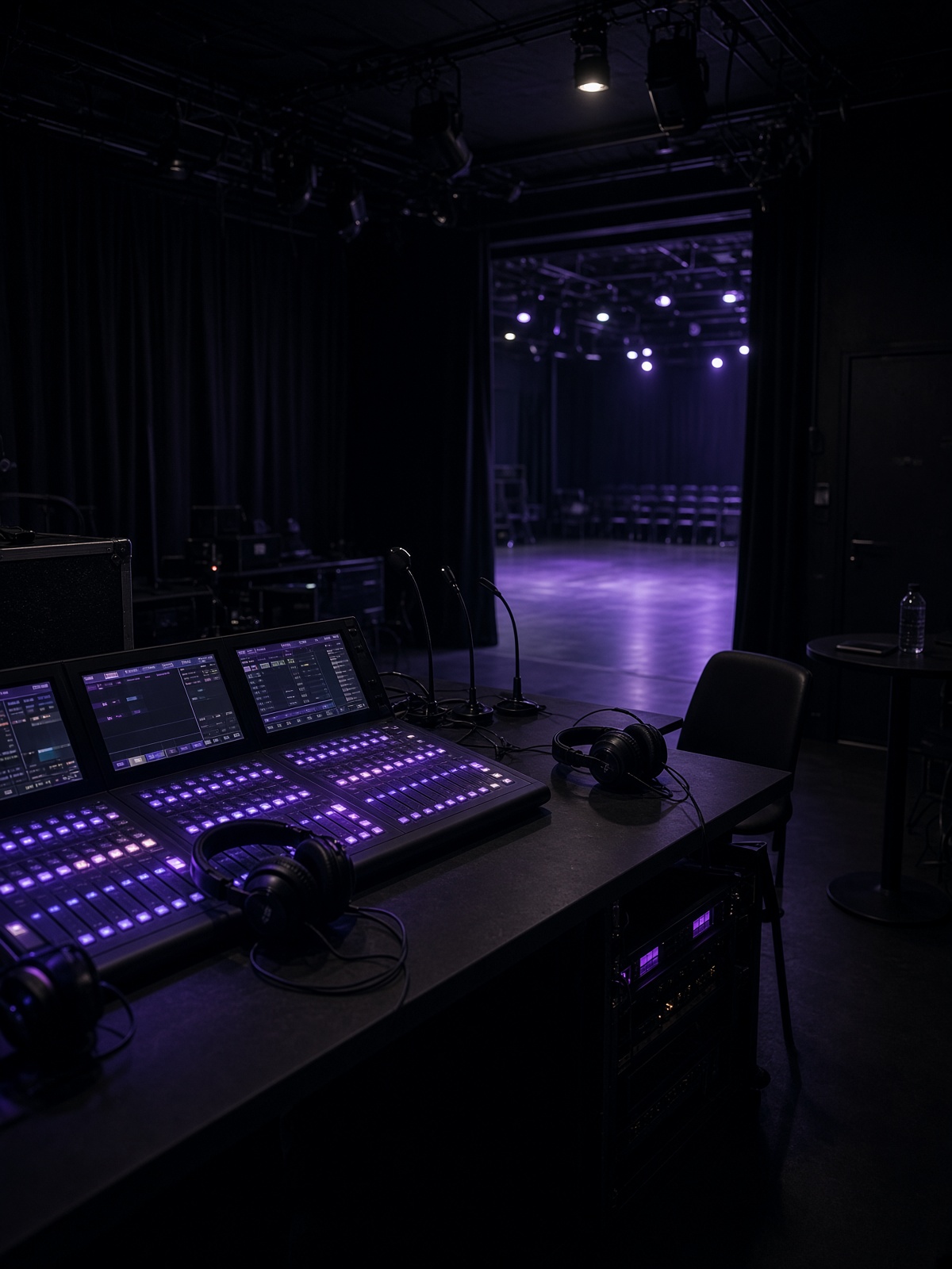A quiet backstage desk with violet console light before doors