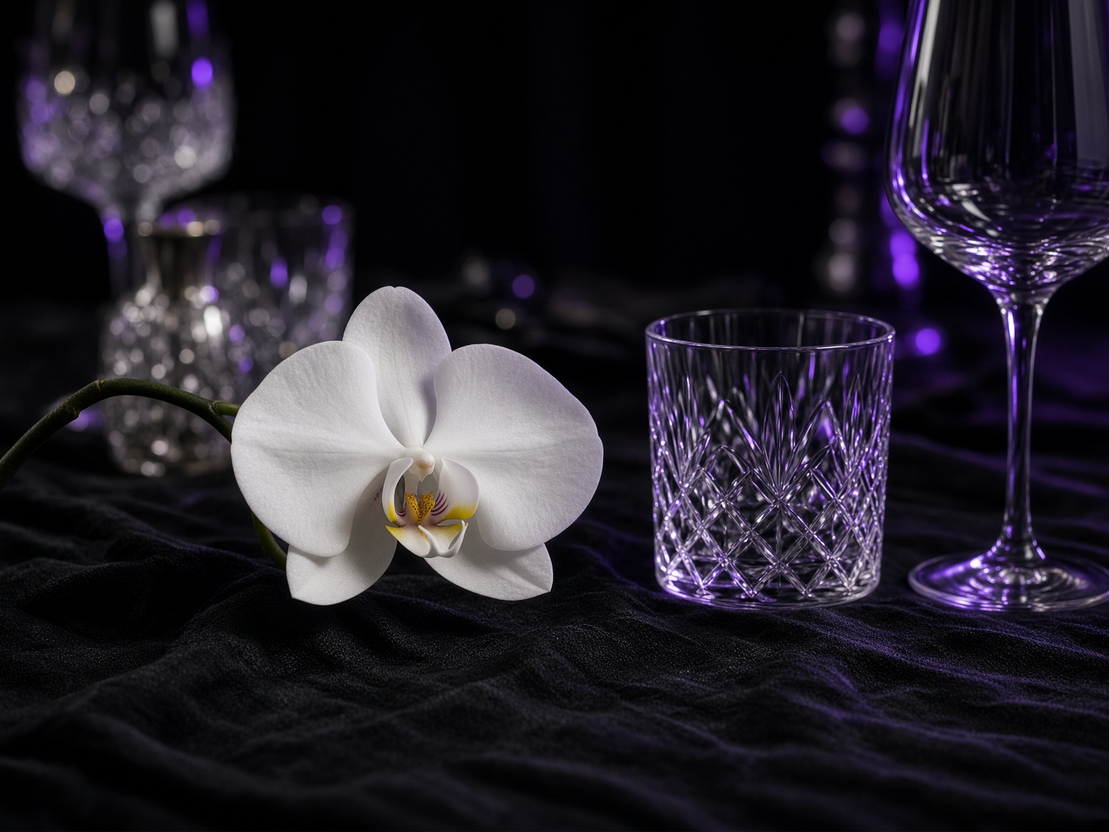 A dark tablescape with crystal and a single white orchid